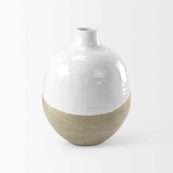 Amos White and Dark Beige Color Blocked Ceramic Floor Vase Decor Mercana