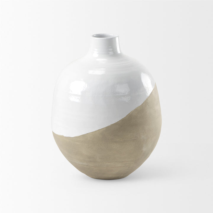 Amos White and Dark Beige Color Blocked Ceramic Floor Vase Decor Mercana