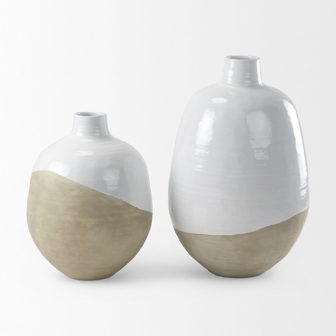 Amos White and Dark Beige Color Blocked Ceramic Floor Vase Decor Mercana