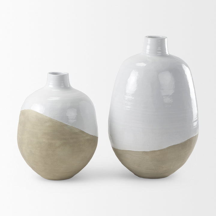 Amos White and Dark Beige Color Blocked Ceramic Floor Vase Decor Mercana