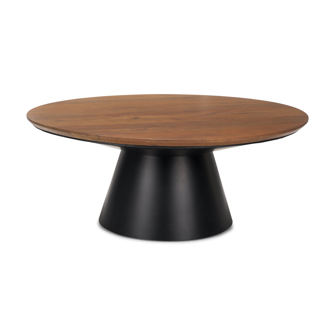 Mitchell Black Metal Pedestal Base with Brown Wood Top Coffee Table Living Room Mercana