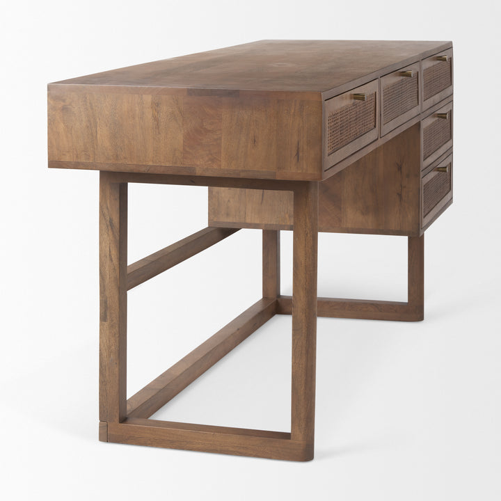 Grier 60" Medium Brown Solid Wood W/ Cane Office Desk Home Office Mercana