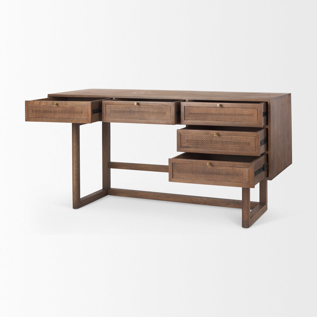 Grier 60" Medium Brown Solid Wood W/ Cane Office Desk Home Office Mercana
