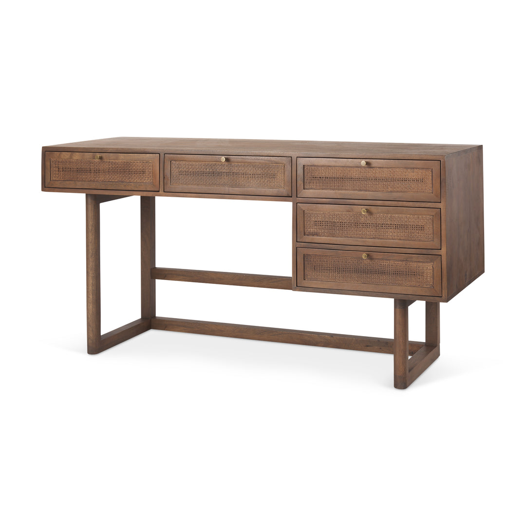 Grier 60" Medium Brown Solid Wood W/ Cane Office Desk Home Office Mercana