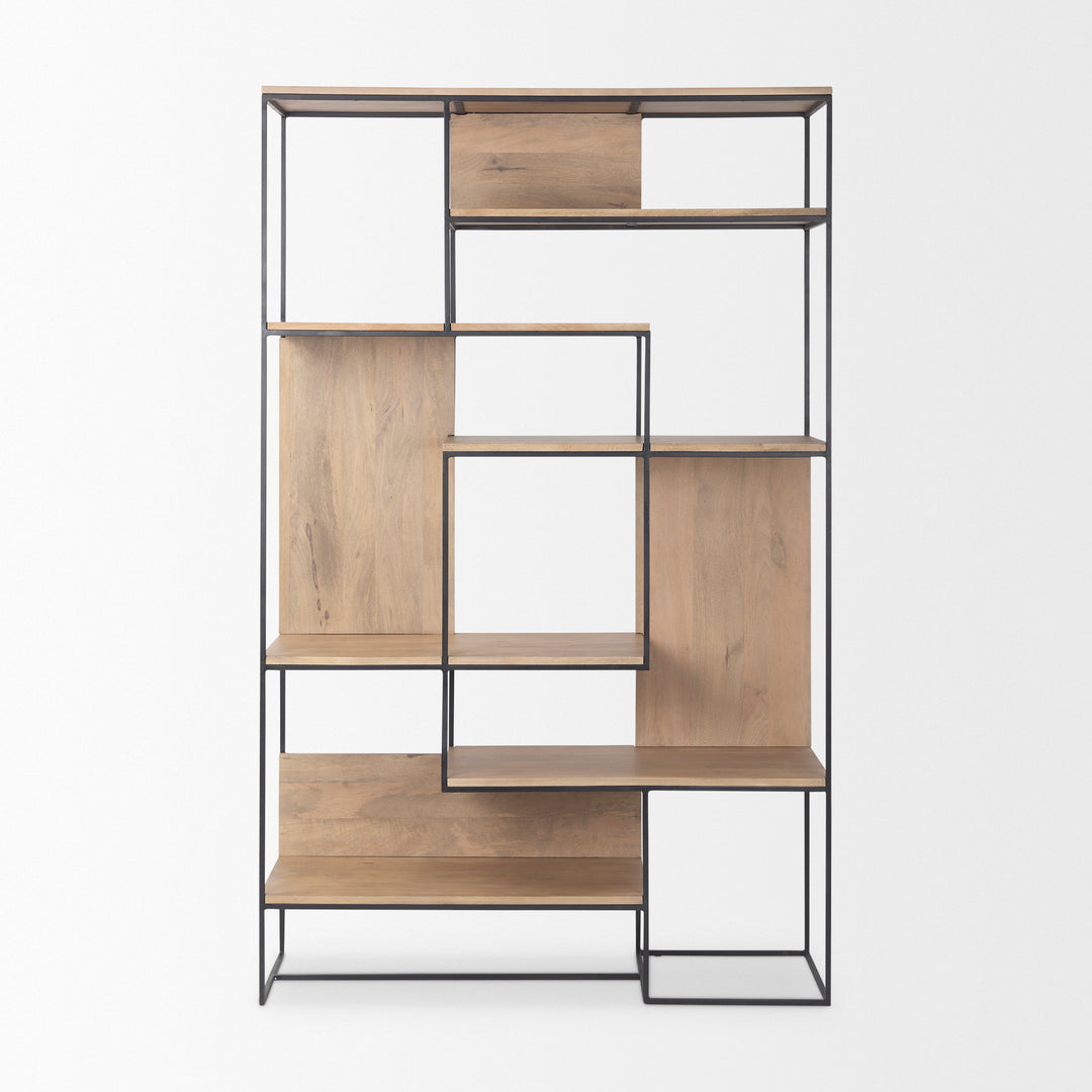 Morris Light Brown Wood w/ Black Metal Frame 6-Tier Shelving Unit Decor Mercana