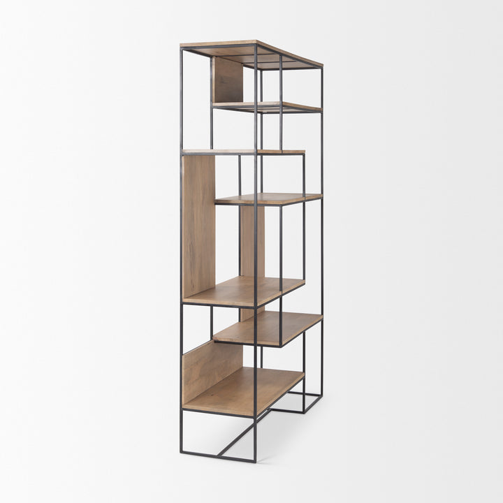 Morris Light Brown Wood w/ Black Metal Frame 6-Tier Shelving Unit Decor Mercana