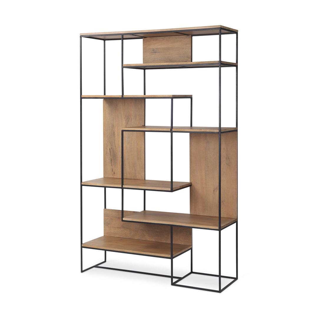 Morris Light Brown Wood w/ Black Metal Frame 6-Tier Shelving Unit Decor Mercana