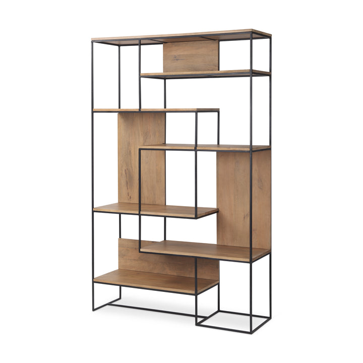 Morris Light Brown Wood w/ Black Metal Frame 6-Tier Shelving Unit Decor Mercana
