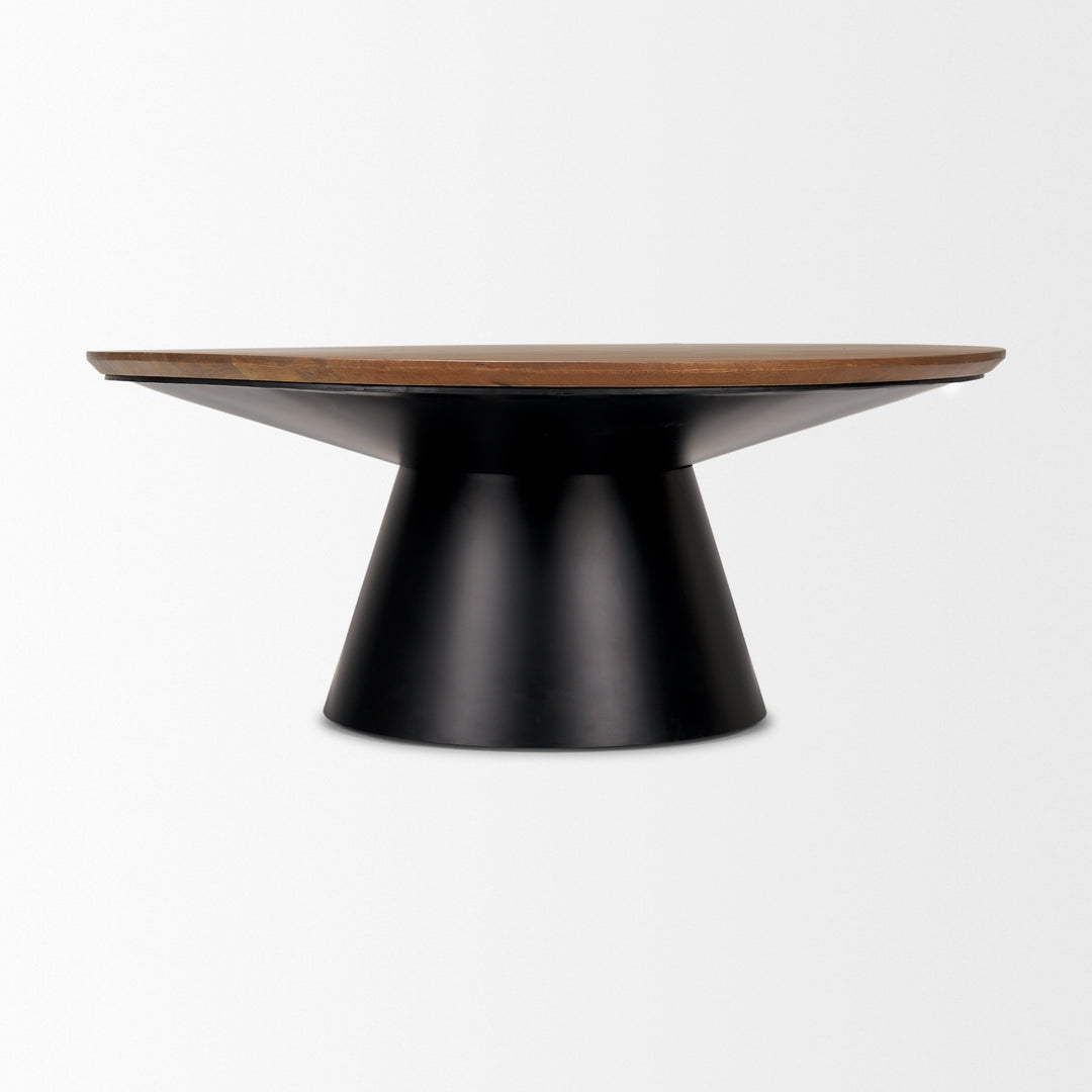 Mitchell Black Metal Pedestal Base with Brown Wood Top Coffee Table Living Room Mercana