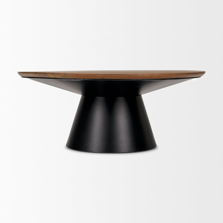 Mitchell Black Metal Pedestal Base with Brown Wood Top Coffee Table Living Room Mercana