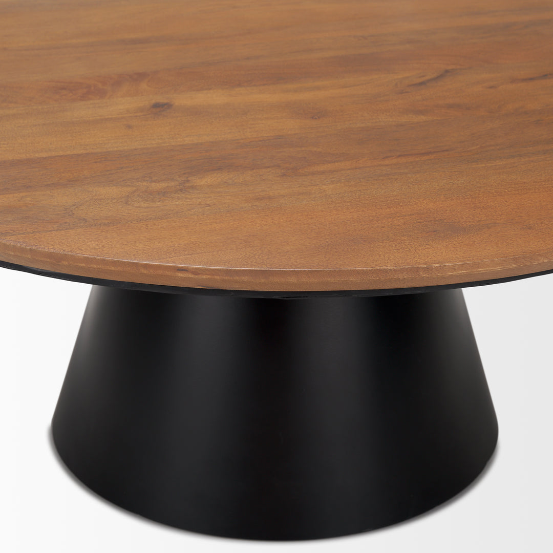Mitchell Black Metal Pedestal Base with Brown Wood Top Coffee Table Living Room Mercana