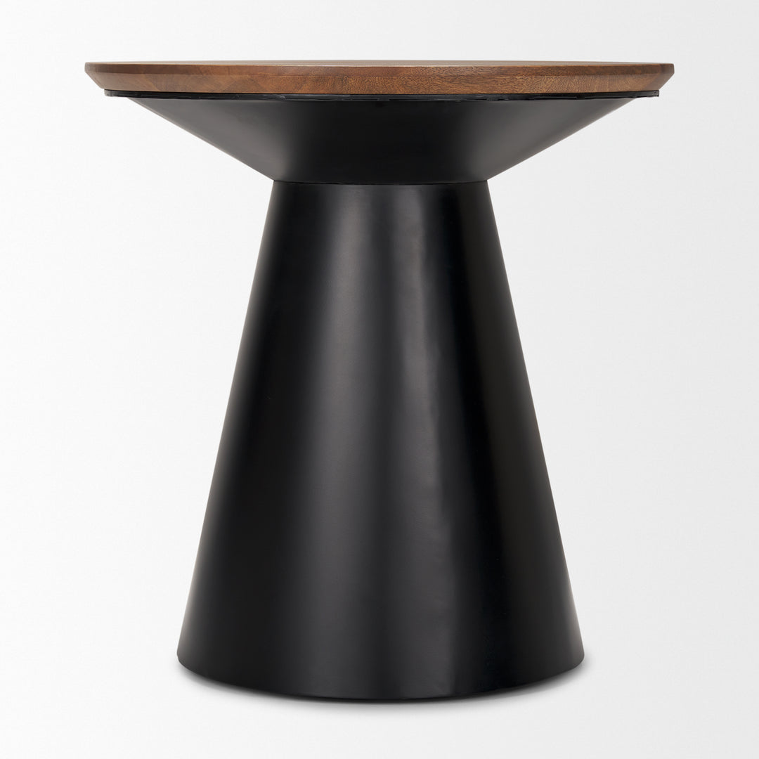 Mitchell Black Metal Pedetal Base with Brown Wood Top Side Table Living Room Mercana