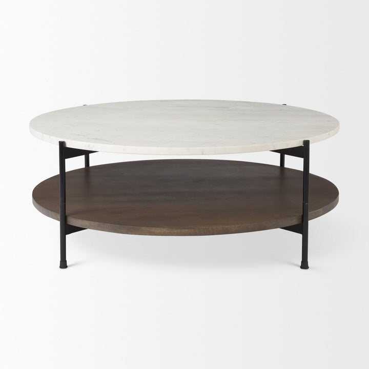 Larkin 42" Round Two-Tier White Marble Top and Solid Wood Shelf w/ Black Metal Frame Coffee Table Dining Room Mercana