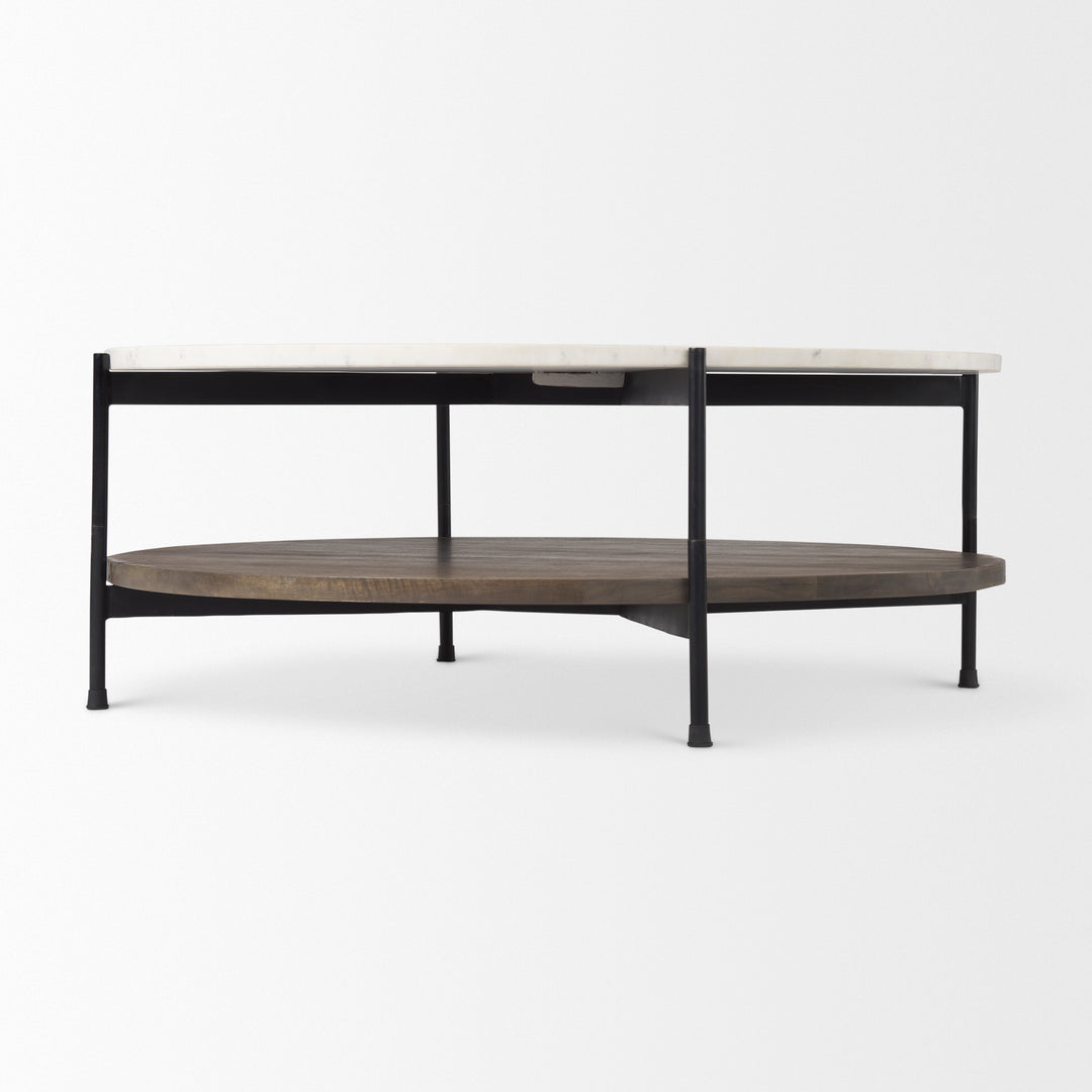 Larkin 42" Round Two-Tier White Marble Top and Solid Wood Shelf w/ Black Metal Frame Coffee Table Dining Room Mercana