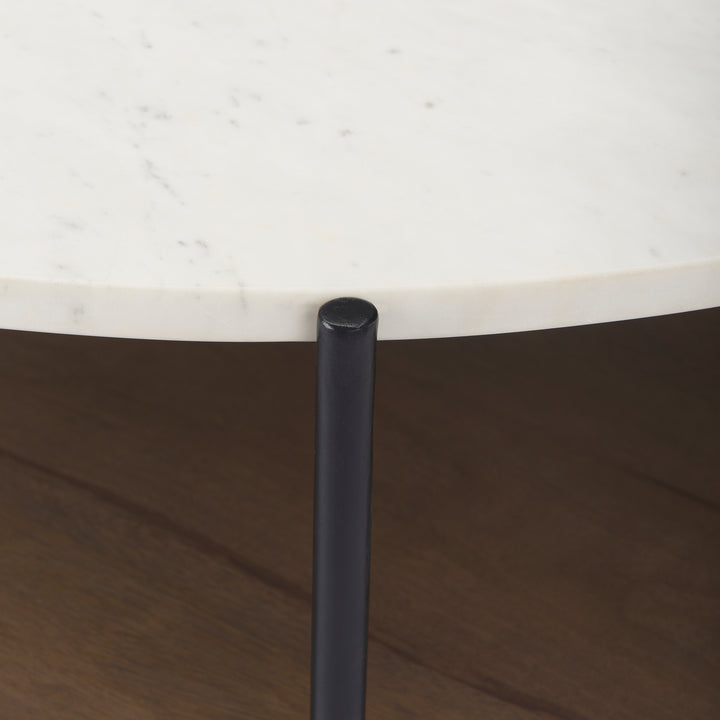 Larkin 42" Round Two-Tier White Marble Top and Solid Wood Shelf w/ Black Metal Frame Coffee Table Dining Room Mercana