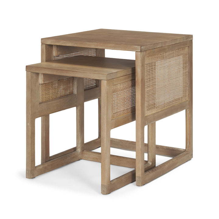 Grier Set of 2 Light Brown Solid Wood w/ Cane Nesting Accent Tables Dining Room Mercana