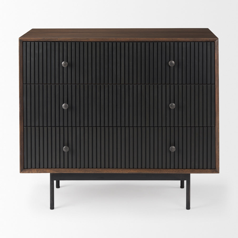 Grace Medium Brown Wood W/Black Metal Frame 3 Drawer Accent Cabinet Decor Mercana