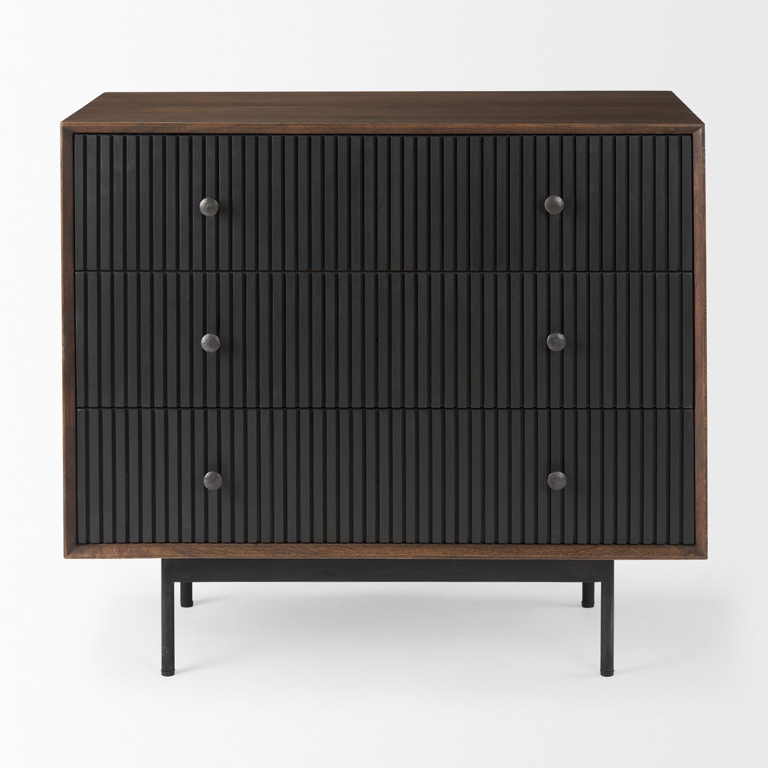 Grace Medium Brown Wood W/Black Metal Frame 3 Drawer Accent Cabinet Decor Mercana