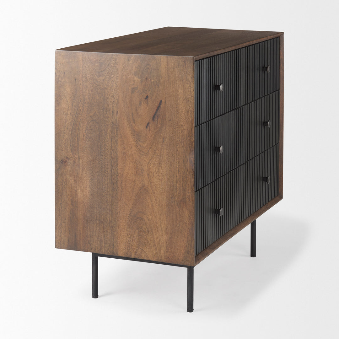 Grace Medium Brown Wood W/Black Metal Frame 3 Drawer Accent Cabinet Decor Mercana