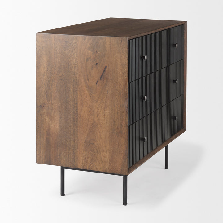 Grace Medium Brown Wood W/Black Metal Frame 3 Drawer Accent Cabinet Decor Mercana