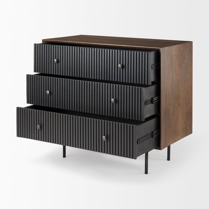 Grace Medium Brown Wood W/Black Metal Frame 3 Drawer Accent Cabinet Decor Mercana