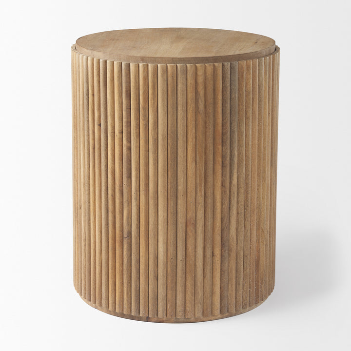 Terra Light Brown Wood Fluted Round Side Table Living Room Mercana