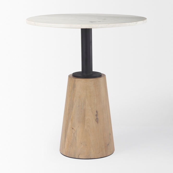 Maxwell 32" Round White Marble Tabletop w/ Blonde Wood & Black Metal Accent Pedestal Bistro Table Dining Room Mercana