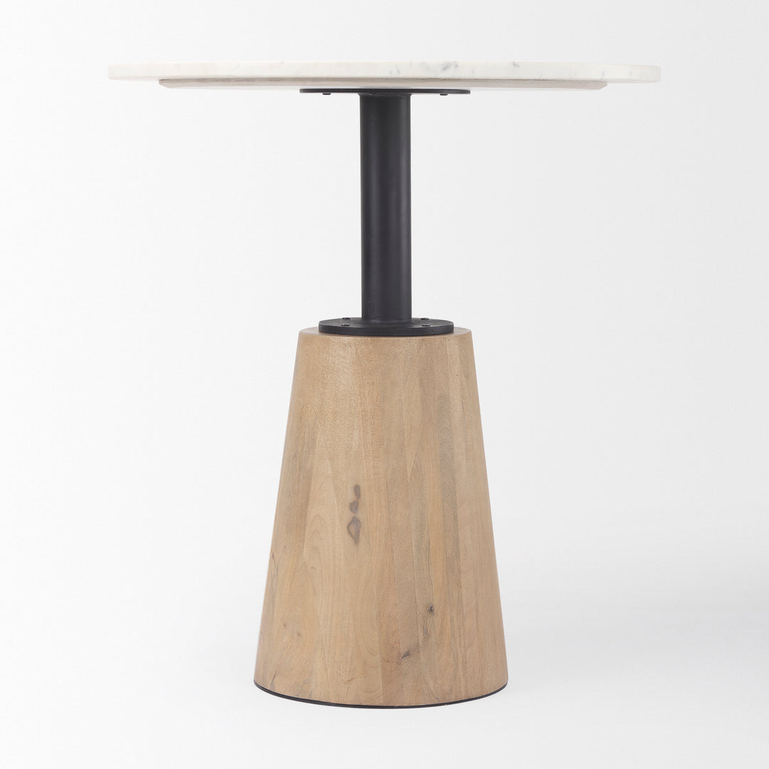 Maxwell 32" Round White Marble Tabletop w/ Blonde Wood & Black Metal Accent Pedestal Bistro Table Dining Room Mercana