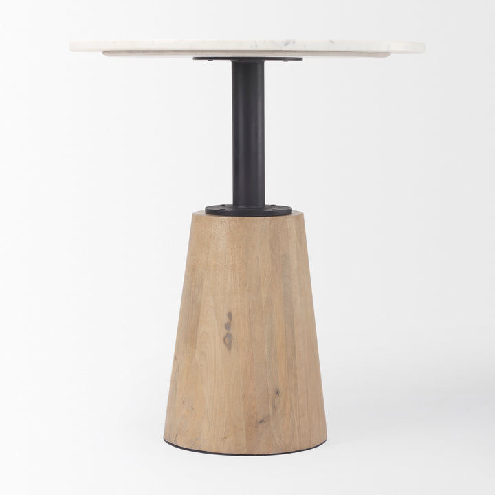 Maxwell 32" Round White Marble Tabletop w/ Blonde Wood & Black Metal Accent Pedestal Bistro Table Dining Room Mercana