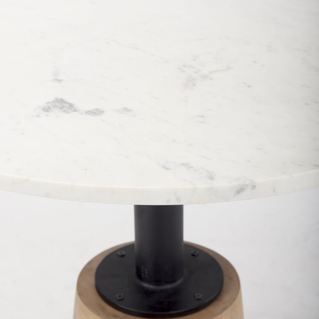 Maxwell 32" Round White Marble Tabletop w/ Blonde Wood & Black Metal Accent Pedestal Bistro Table Dining Room Mercana