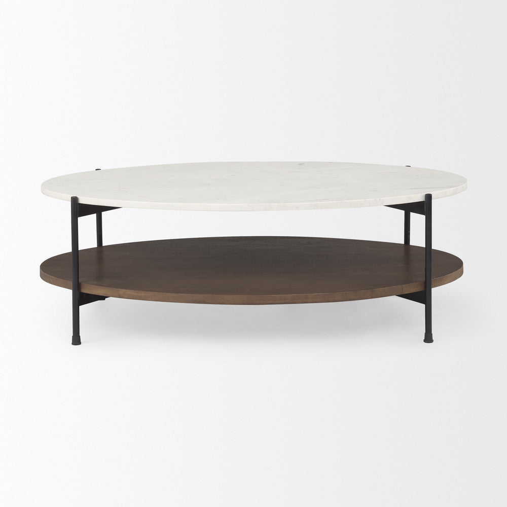 Larkin White Marble Top w/ Dark Brown Wood Shelf Oval Coffee Table Living Room Mercana