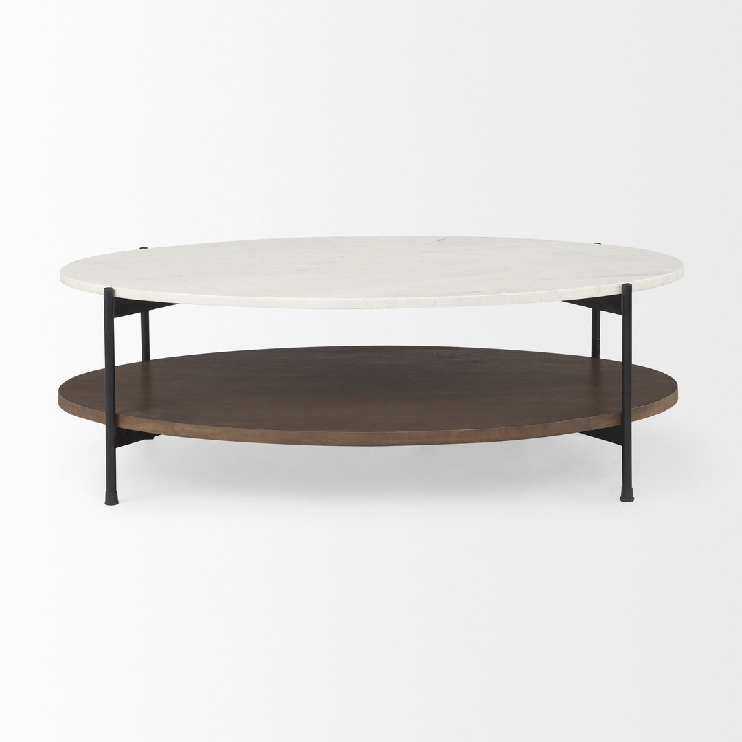 Larkin White Marble Top w/ Dark Brown Wood Shelf Oval Coffee Table Living Room Mercana