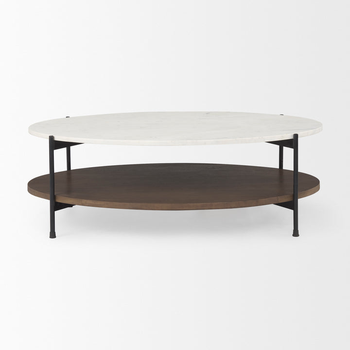 Larkin White Marble Top w/ Dark Brown Wood Shelf Oval Coffee Table Living Room Mercana