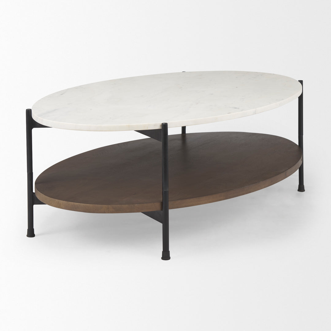 Larkin White Marble Top w/ Dark Brown Wood Shelf Oval Coffee Table Living Room Mercana