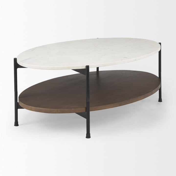 Larkin White Marble Top w/ Dark Brown Wood Shelf Oval Coffee Table Living Room Mercana