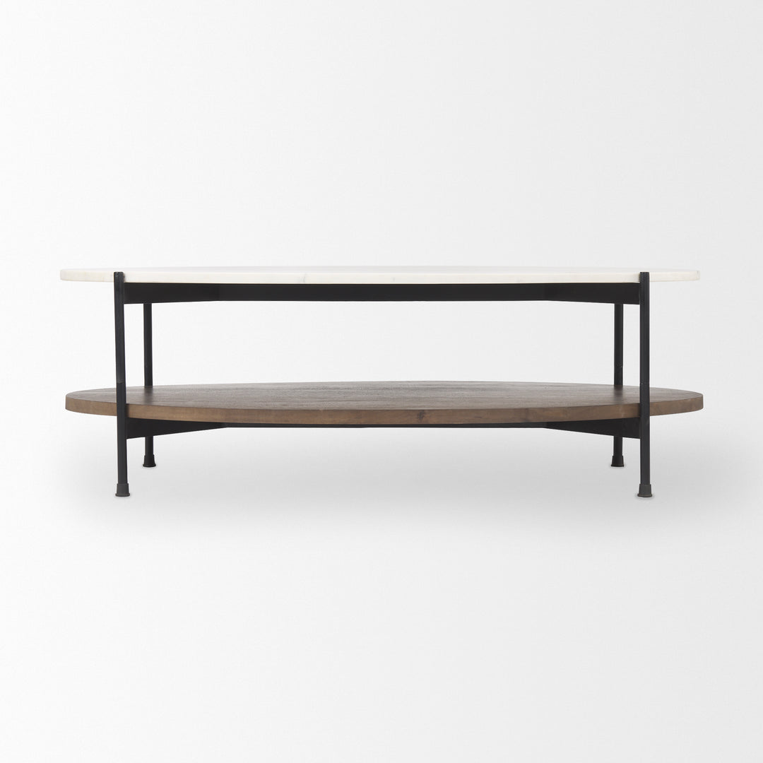 Larkin White Marble Top w/ Dark Brown Wood Shelf Oval Coffee Table Living Room Mercana