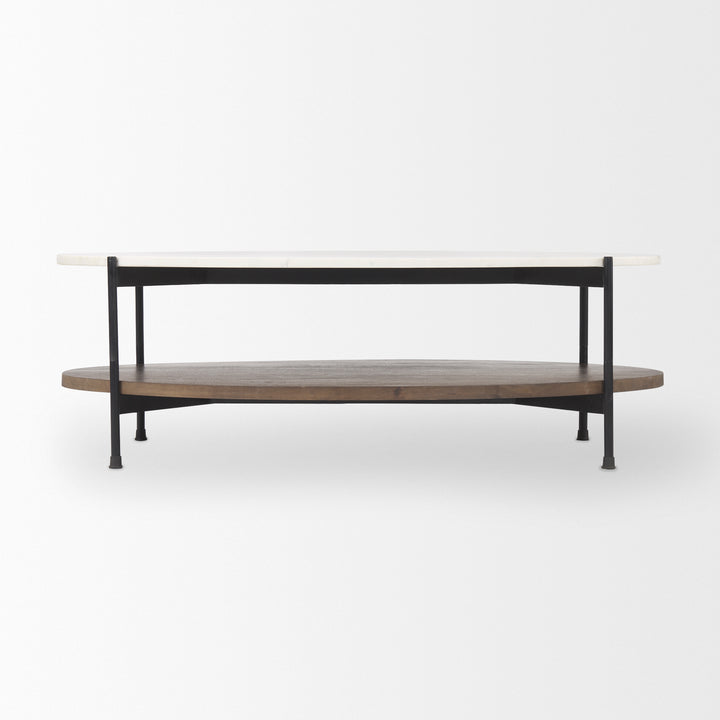 Larkin White Marble Top w/ Dark Brown Wood Shelf Oval Coffee Table Living Room Mercana