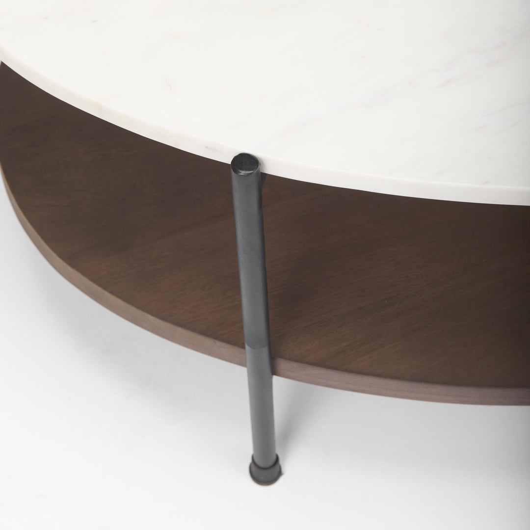 Larkin White Marble Top w/ Dark Brown Wood Shelf Oval Coffee Table Living Room Mercana