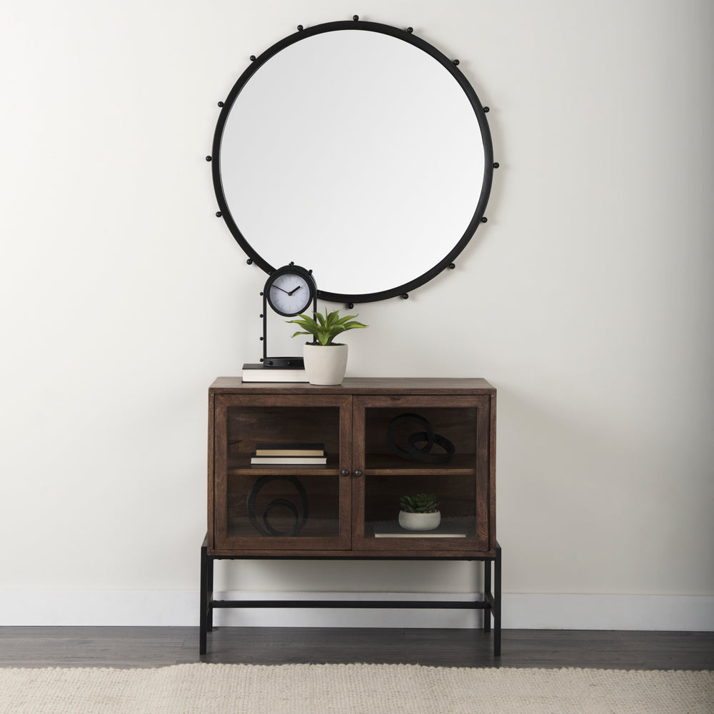 Arelius Medium Brown Wood, Black Metal Base w/ 2 Glass Doors Accent Cabinet Decor Mercana