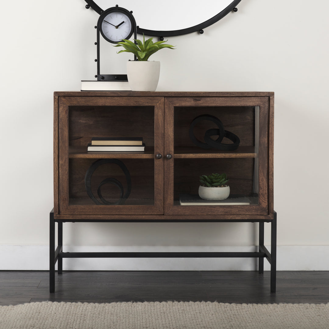 Arelius Medium Brown Wood, Black Metal Base w/ 2 Glass Doors Accent Cabinet Decor Mercana