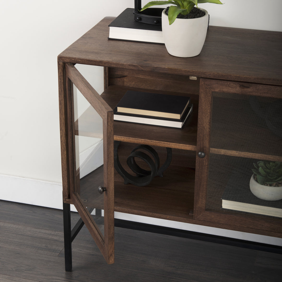 Arelius Medium Brown Wood, Black Metal Base w/ 2 Glass Doors Accent Cabinet Decor Mercana