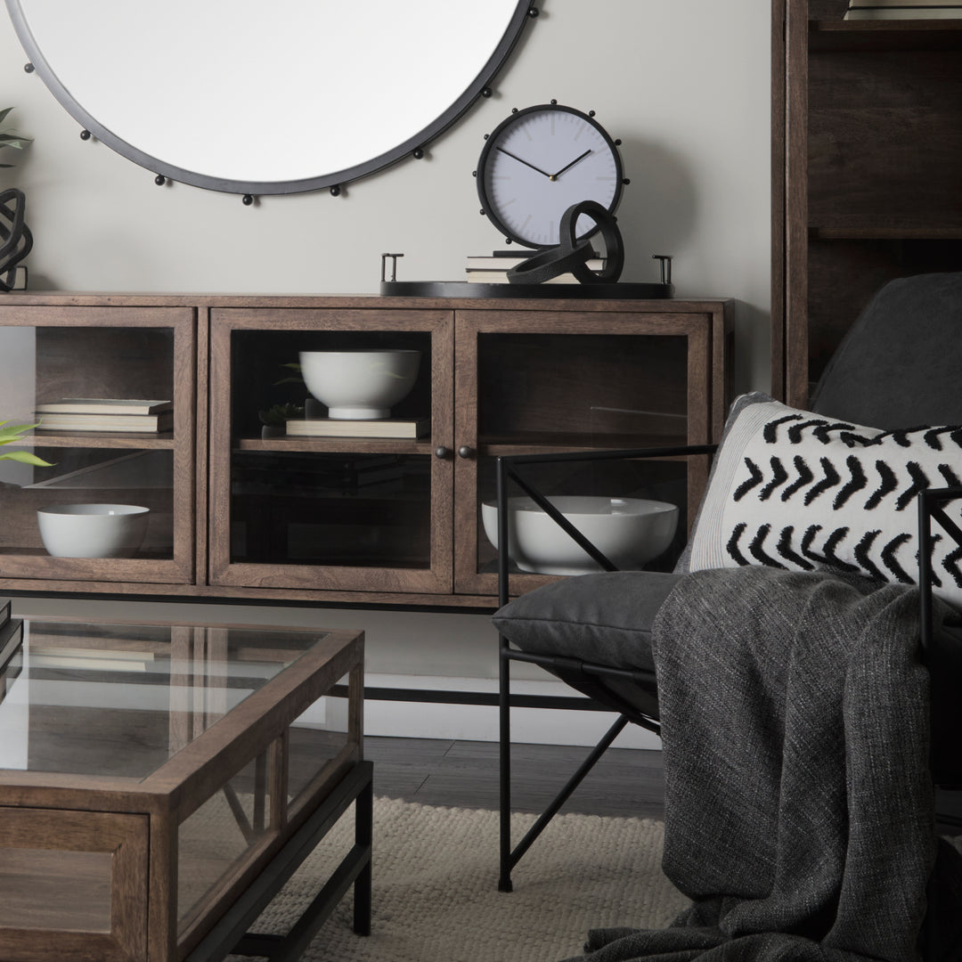 Arelius Medium Brown, Black Metal Base w/ 4 Glass Door Cabinets Sideboard Dining Room Mercana