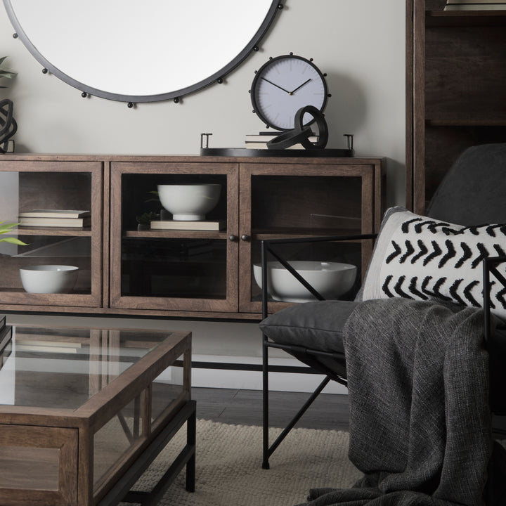 Arelius Medium Brown, Black Metal Base w/ 4 Glass Door Cabinets Sideboard Dining Room Mercana
