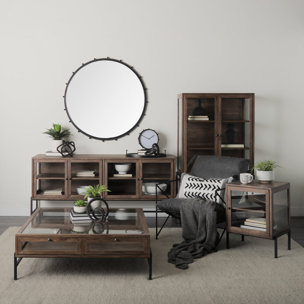Arelius Medium Brown Wood W/ Black Metal Base Display Cabinet Living Room Mercana