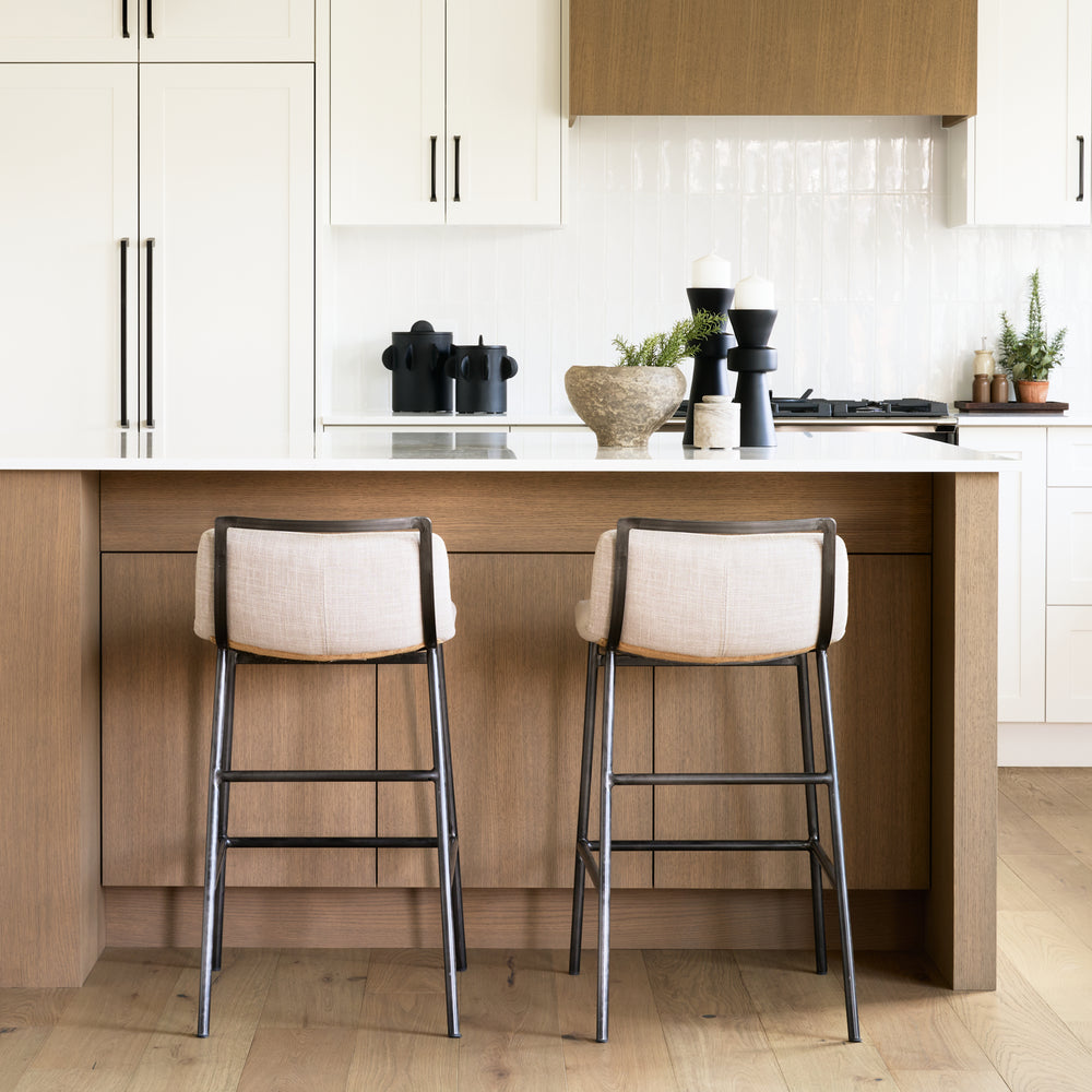 Kavalan 33.5" Total Height Beige Upholstered Seat Gray Metal Frame Counter Stool Dining Room Mercana