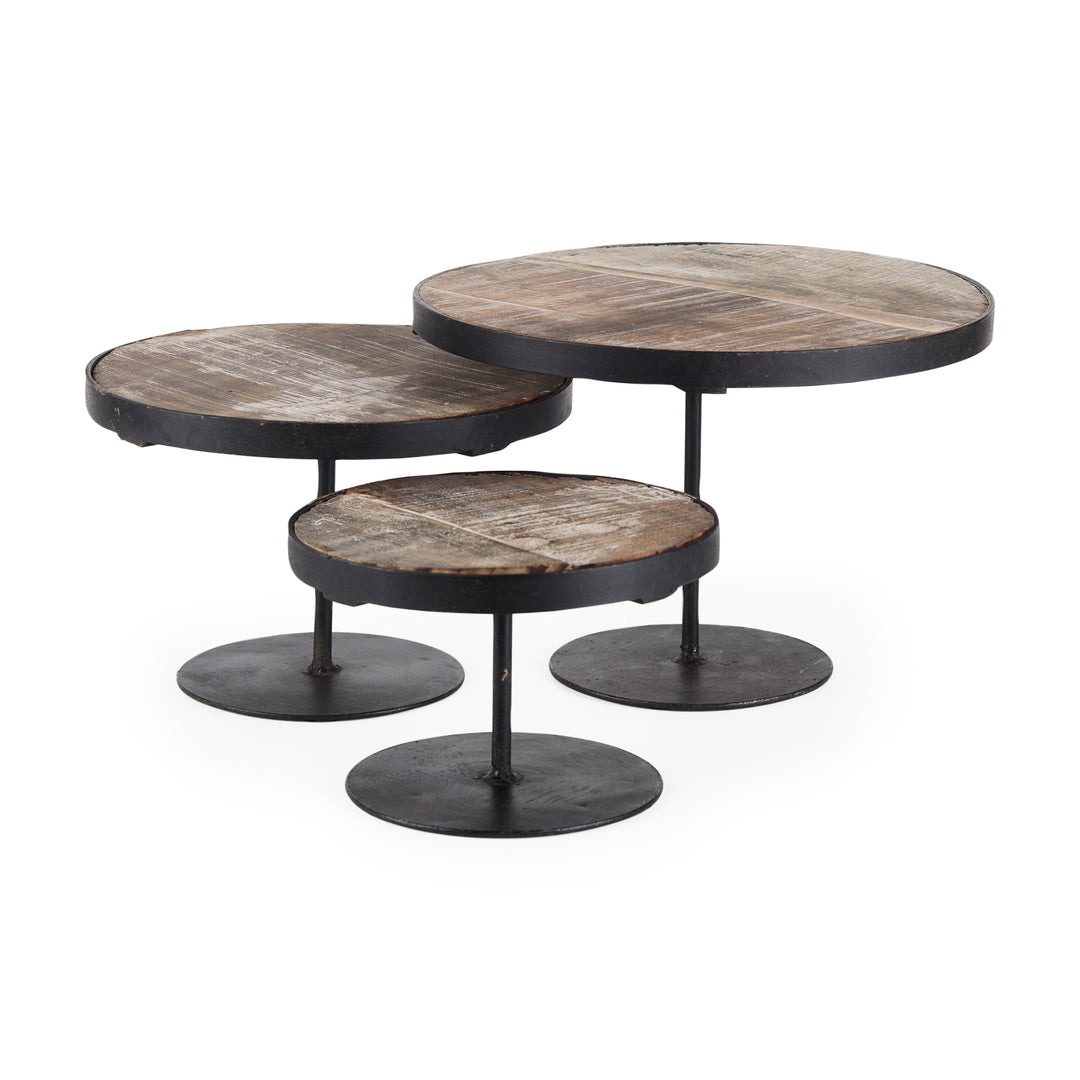 Lorenz (Set of 3) Light Brown Wood W/ Black Metal Base Round Decorative Display Stands Decor Mercana