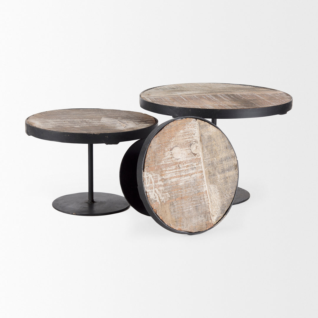 Lorenz (Set of 3) Light Brown Wood W/ Black Metal Base Round Decorative Display Stands Decor Mercana