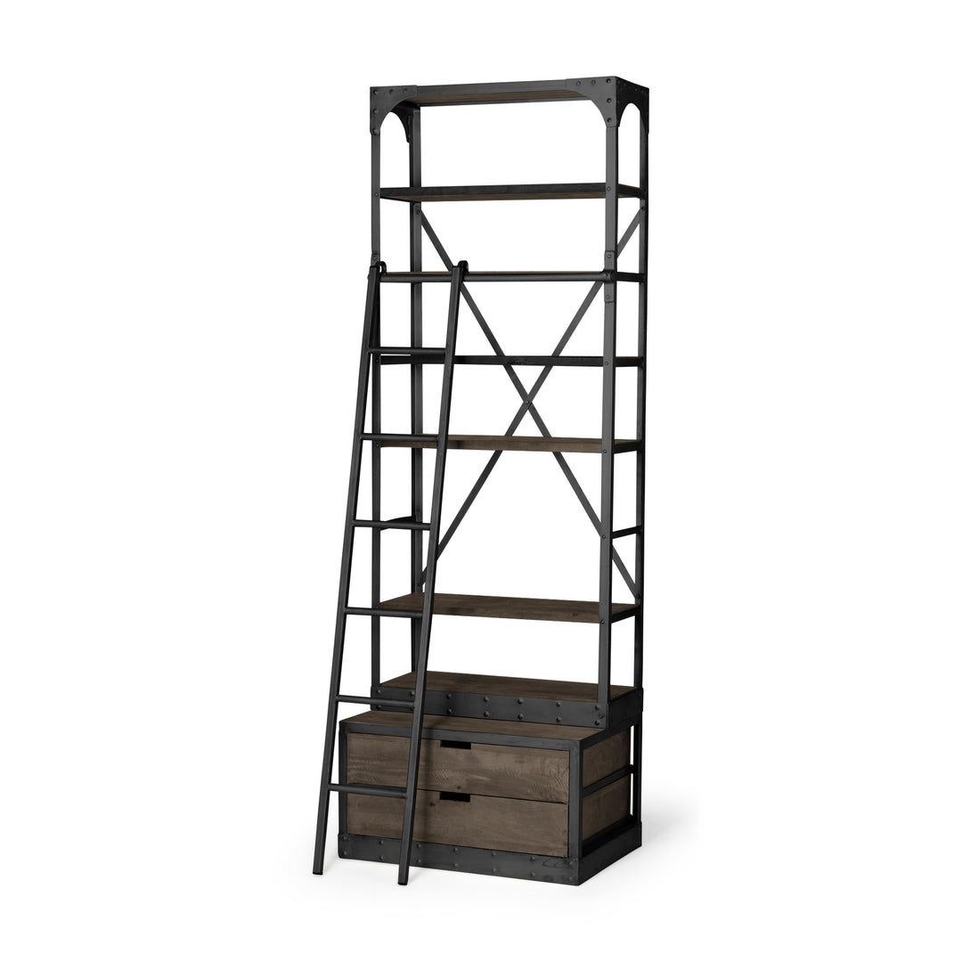 Brodie VII Brown Wood Gun-Metal Bracing Four Shelf Shelving Unit Living Room Mercana