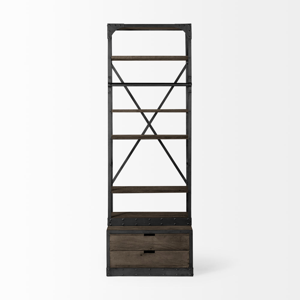 Brodie VII Brown Wood Gun-Metal Bracing Four Shelf Shelving Unit Living Room Mercana