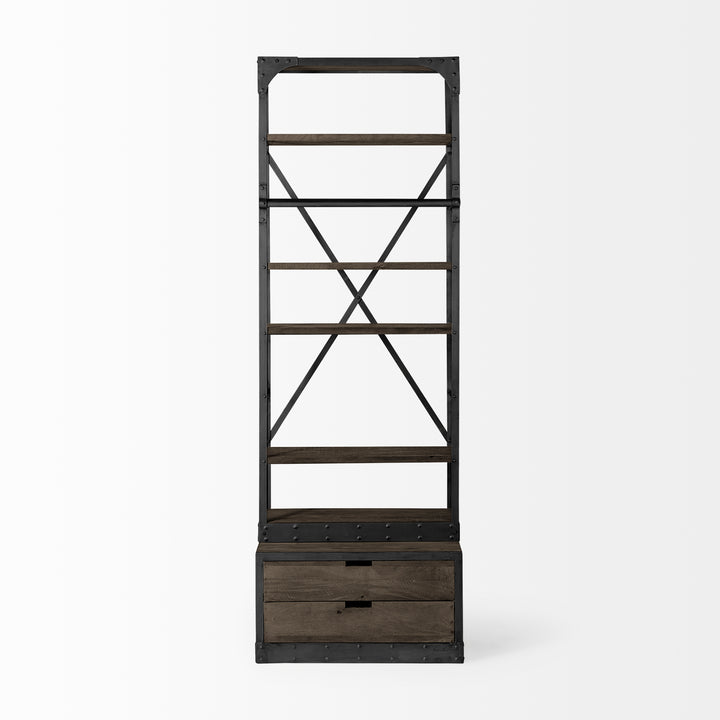 Brodie VII Brown Wood Gun-Metal Bracing Four Shelf Shelving Unit Living Room Mercana